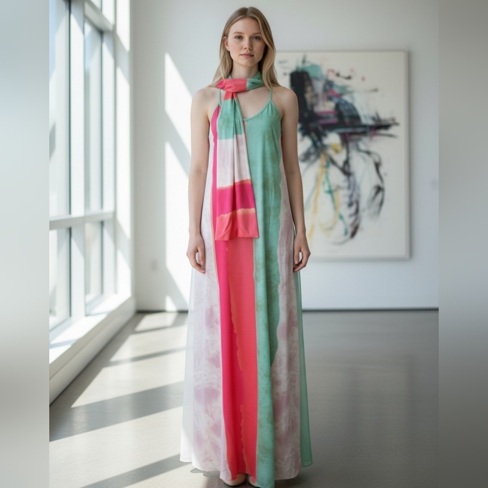 Boutique Summer Stripe Maxi Dress & Sash Beach Pool Loungewear Vacation Resort